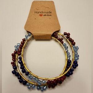 Gold hoops stainless/ blues, brown individually wire wrapped-handcrafted